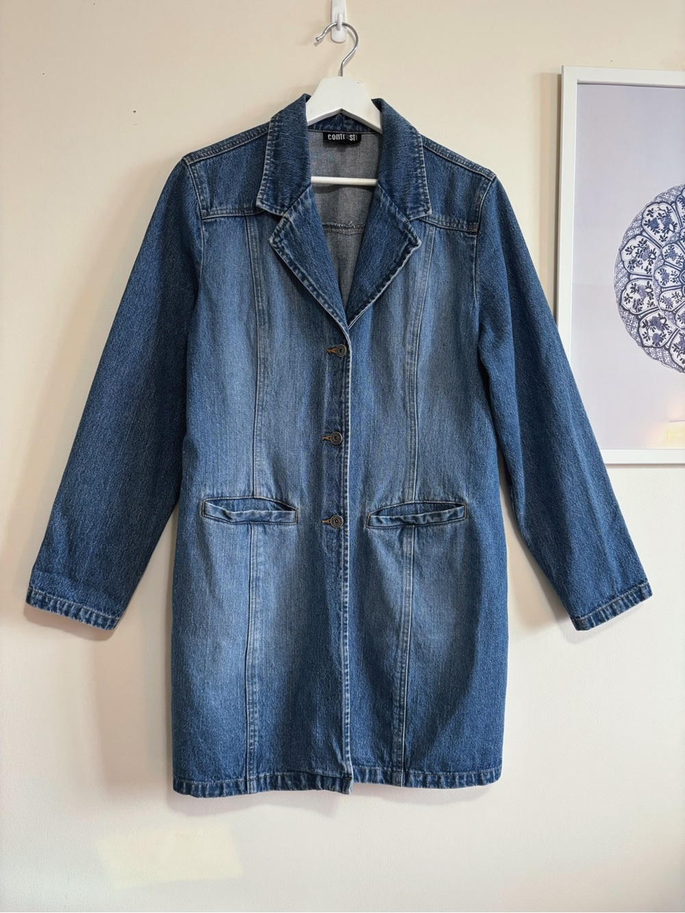 Contrast Jeans Denim Duster Trench Coat Long Jacket Y2K | Size L